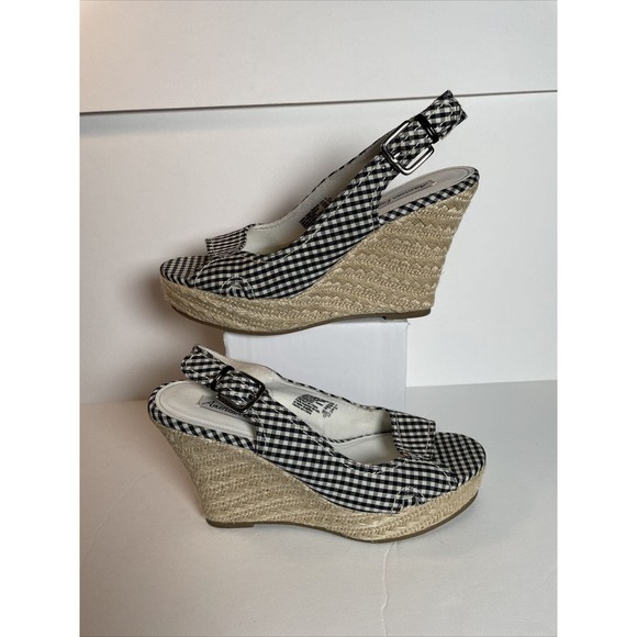 American Eagle Black Gingham Slingback Buckle Wedge Espadrilles Sandal Size 9 - Picture 3 of 14